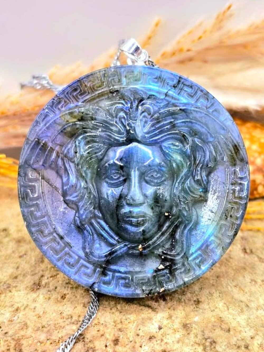 Natural Labradorite Carved Medusa Pendant Necklace